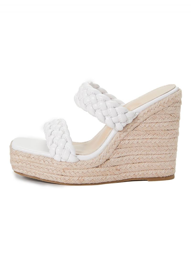 Γυναικεία Wedge Heeled Mules Slip On Square Toe Pu Δερμάτινα Ανοιχτά Ξανθά Boho Γαμήλια Σανδάλια - Λευκό