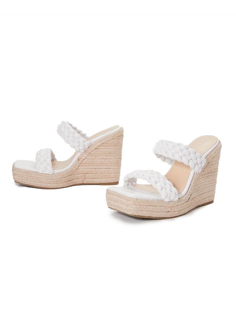 Γυναικεία Wedge Heeled Mules Slip On Square Toe Pu Δερμάτινα Ανοιχτά Ξανθά Boho Γαμήλια Σανδάλια - Λευκό