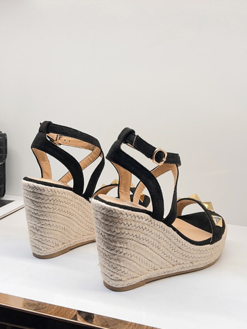 Γυναικεία Wedge Sindals Platform Rivets Suede Criss Cross Παπούτσια Σανδάλι - Μαύρο