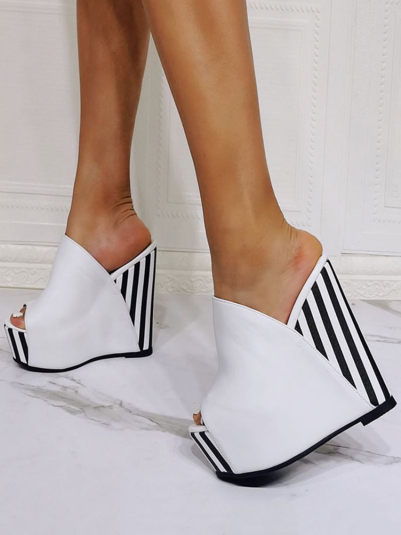 Γυναικεία Wedge Πέδιλα White Open Toe Pu Δερμάτινα Slip-on Mules Με Ψηλό Τακούνι