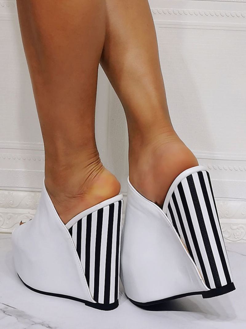 Γυναικεία Wedge Πέδιλα White Open Toe Pu Δερμάτινα Slip-on Mules Με Ψηλό Τακούνι - Άσπρο