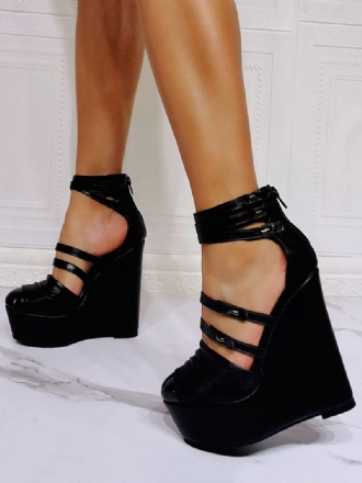 Γυναικεία Wedge Πέδιλα Μαύρα Κλειστά Δάχτυλα Stiletto Heel Pu Δερμάτινο Μαύρο Λουράκι Αστραγάλου Σφηνοτάκουνες