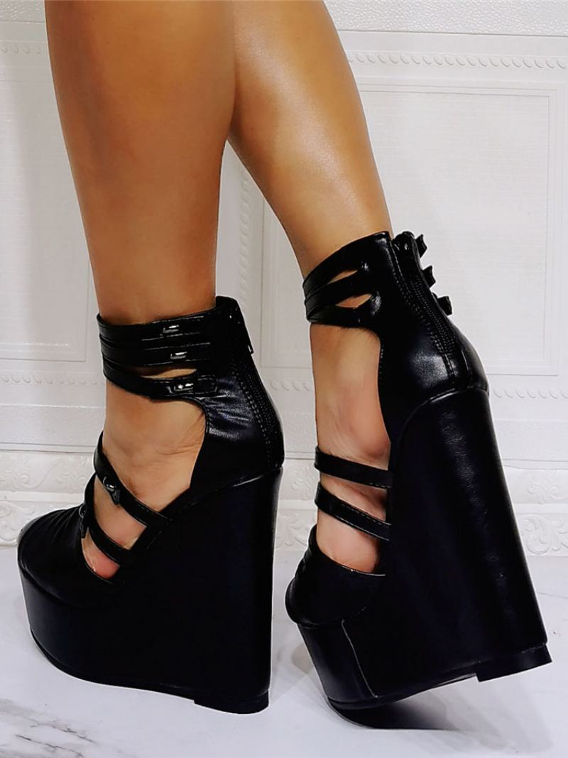 Γυναικεία Wedge Πέδιλα Μαύρα Κλειστά Δάχτυλα Stiletto Heel Pu Δερμάτινο Μαύρο Λουράκι Αστραγάλου Σφηνοτάκουνες - Μαύρος