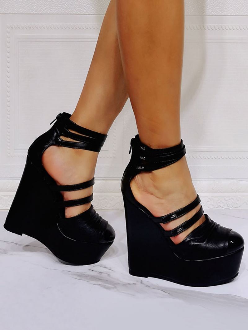 Γυναικεία Wedge Πέδιλα Μαύρα Κλειστά Δάχτυλα Stiletto Heel Pu Δερμάτινο Μαύρο Λουράκι Αστραγάλου Σφηνοτάκουνες - Μαύρος