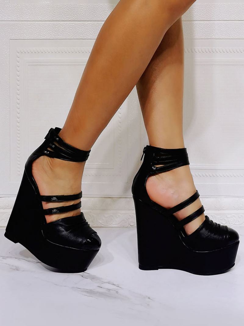 Γυναικεία Wedge Πέδιλα Μαύρα Κλειστά Δάχτυλα Stiletto Heel Pu Δερμάτινο Μαύρο Λουράκι Αστραγάλου Σφηνοτάκουνες - Μαύρος