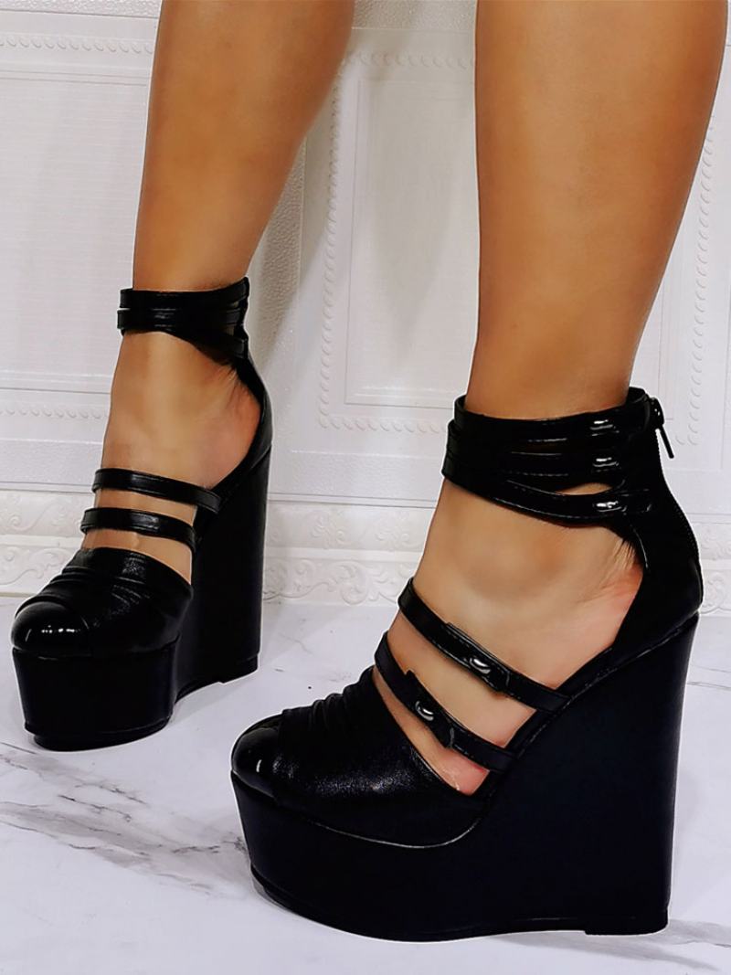 Γυναικεία Wedge Πέδιλα Μαύρα Κλειστά Δάχτυλα Stiletto Heel Pu Δερμάτινο Μαύρο Λουράκι Αστραγάλου Σφηνοτάκουνες - Μαύρος