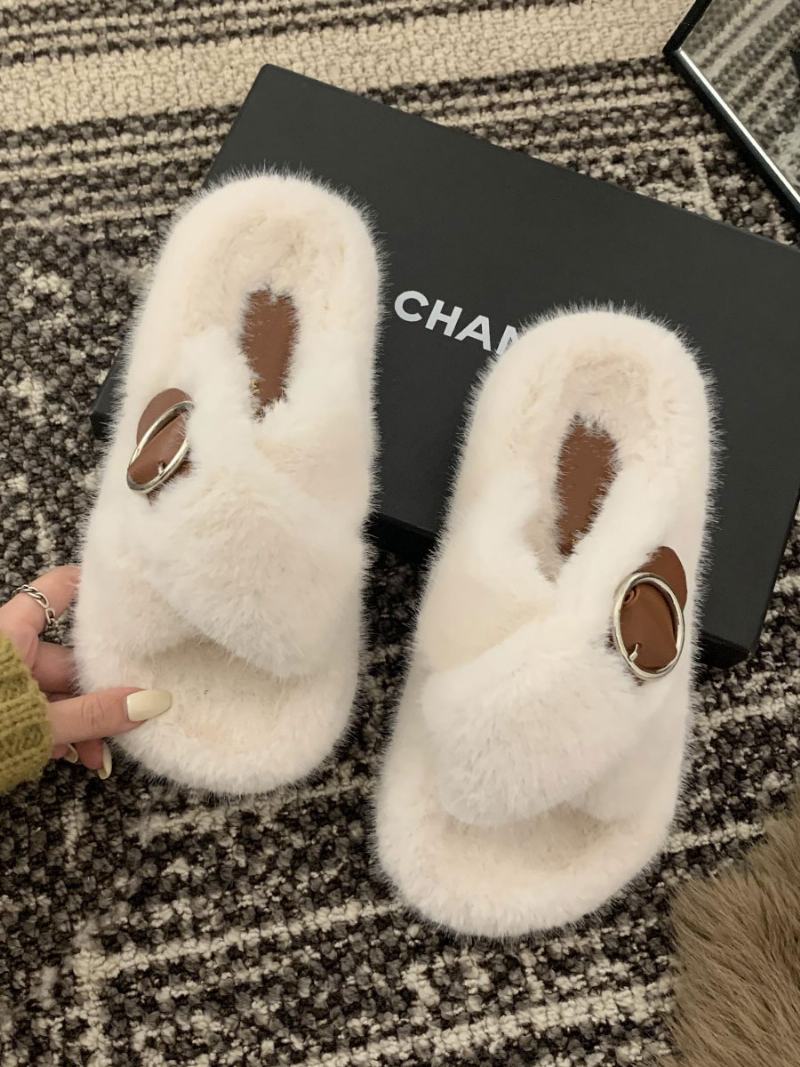 Γυναικεία Αγκράφα Peep Toe Fur Slide Σανδάλια Flat Εκρού Λευκό