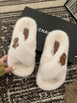 Γυναικεία Αγκράφα Peep Toe Fur Slide Σανδάλια Flat Εκρού Λευκό