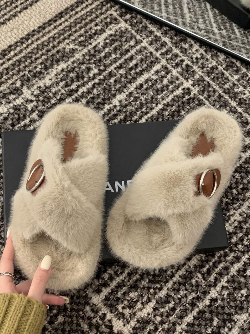 Γυναικεία Αγκράφα Peep Toe Fur Slide Σανδάλια Flat Εκρού Λευκό - Ανοιχτό Κίτρινο