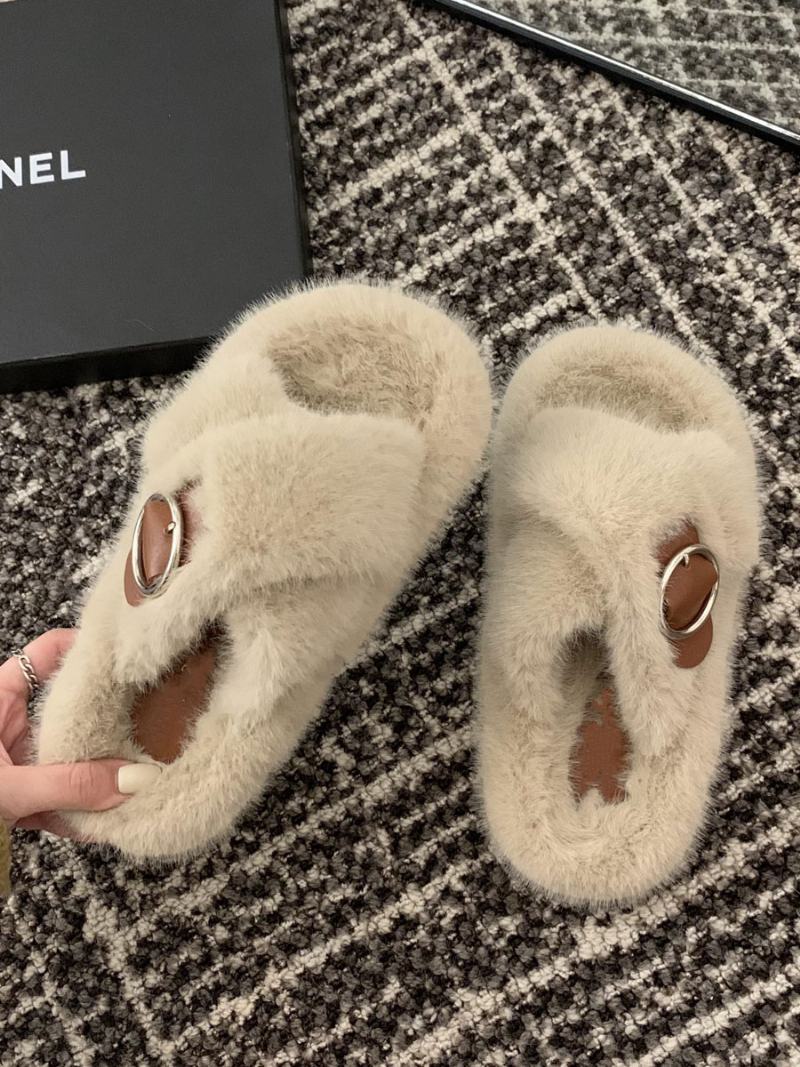 Γυναικεία Αγκράφα Peep Toe Fur Slide Σανδάλια Flat Εκρού Λευκό - Ανοιχτό Κίτρινο