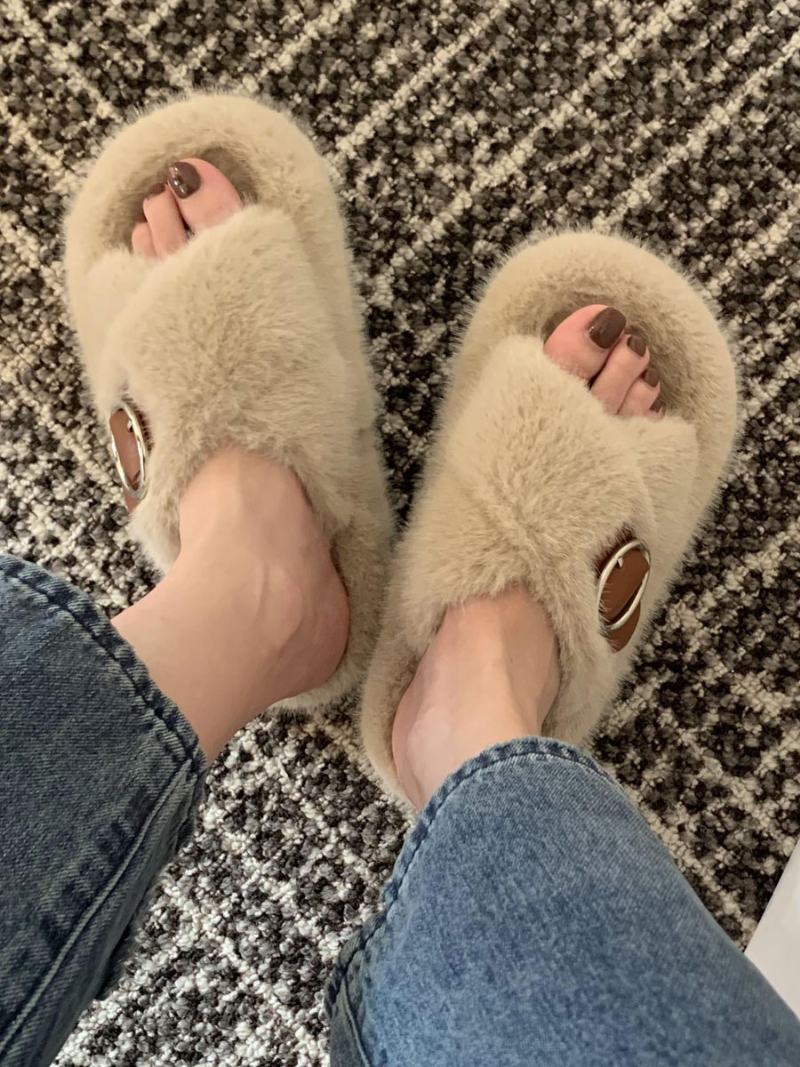 Γυναικεία Αγκράφα Peep Toe Fur Slide Σανδάλια Flat Εκρού Λευκό - Ανοιχτό Κίτρινο