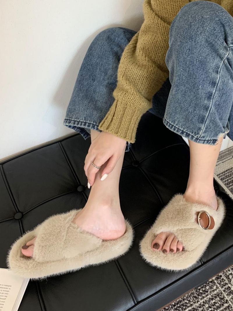 Γυναικεία Αγκράφα Peep Toe Fur Slide Σανδάλια Flat Εκρού Λευκό - Ανοιχτό Κίτρινο