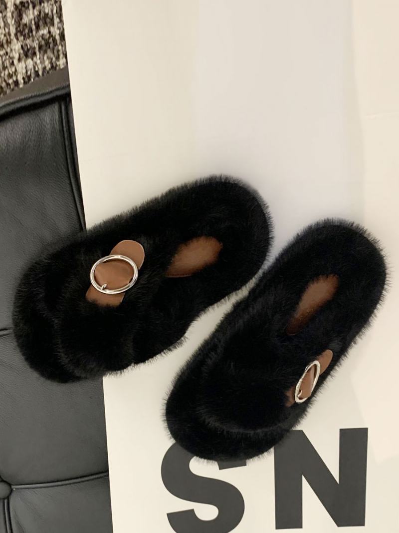 Γυναικεία Αγκράφα Peep Toe Fur Slide Σανδάλια Flat Εκρού Λευκό - Μαύρο