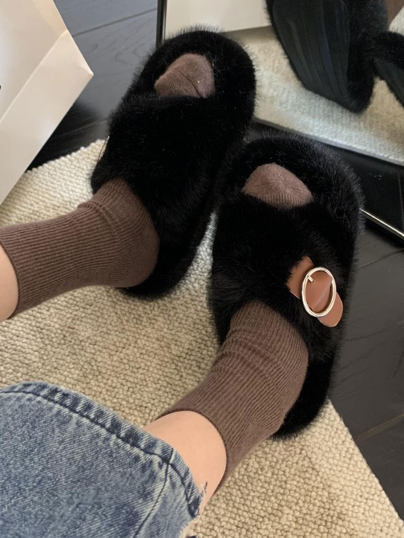 Γυναικεία Αγκράφα Peep Toe Fur Slide Σανδάλια Flat Εκρού Λευκό - Μαύρο