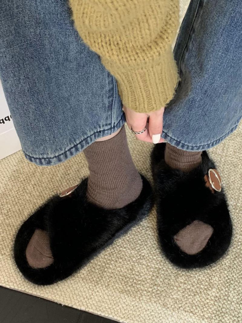 Γυναικεία Αγκράφα Peep Toe Fur Slide Σανδάλια Flat Εκρού Λευκό - Μαύρο