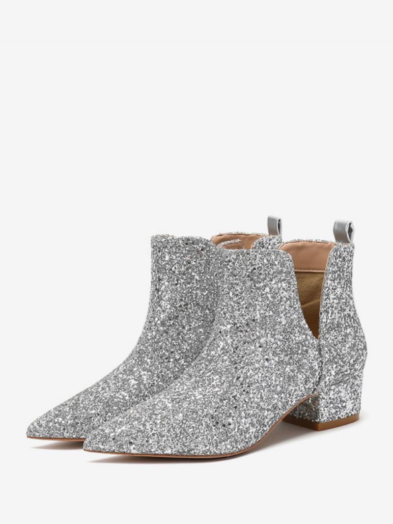 Γυναικεία Ασημένια Νυφικά Παπούτσια Square Toe Glitter Block Heel Boots