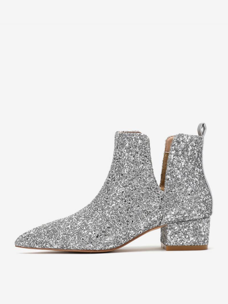 Γυναικεία Ασημένια Νυφικά Παπούτσια Square Toe Glitter Block Heel Boots - Ασήμι