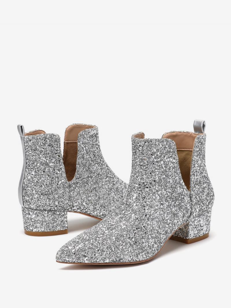 Γυναικεία Ασημένια Νυφικά Παπούτσια Square Toe Glitter Block Heel Boots - Ασήμι