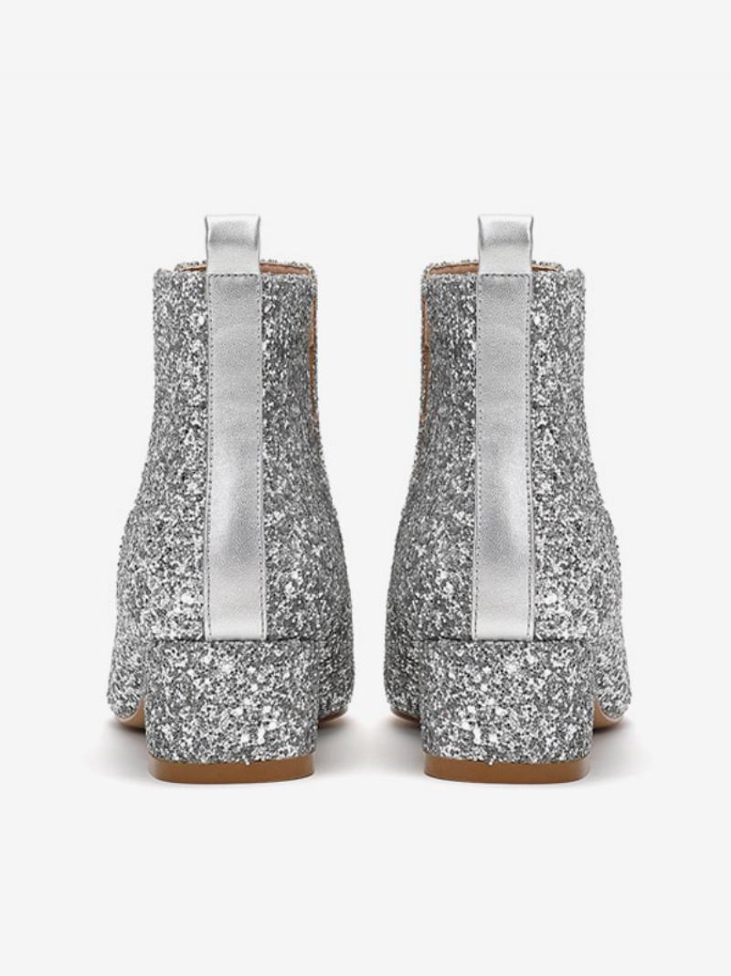 Γυναικεία Ασημένια Νυφικά Παπούτσια Square Toe Glitter Block Heel Boots - Ασήμι