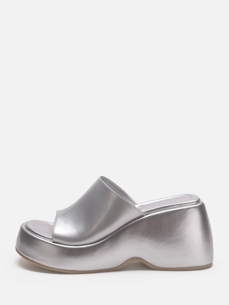 Γυναικεία Ασημένια Πέδιλα Slides Silver Metallic Platform Flatform Slip-on Mules