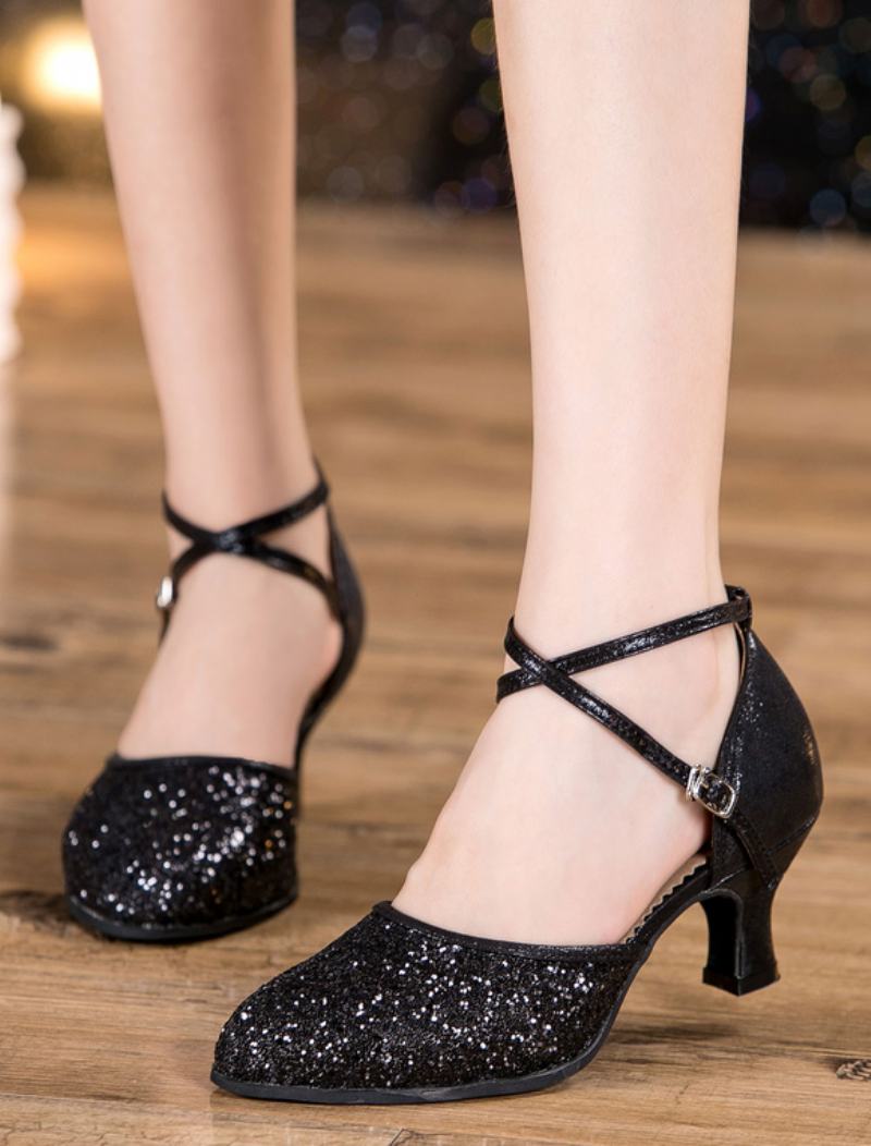 Γυναικεία Ασημένια Παπούτσια Χορού Glitter Round Toe Criss Cross Latin Για Χορό - Μαύρο