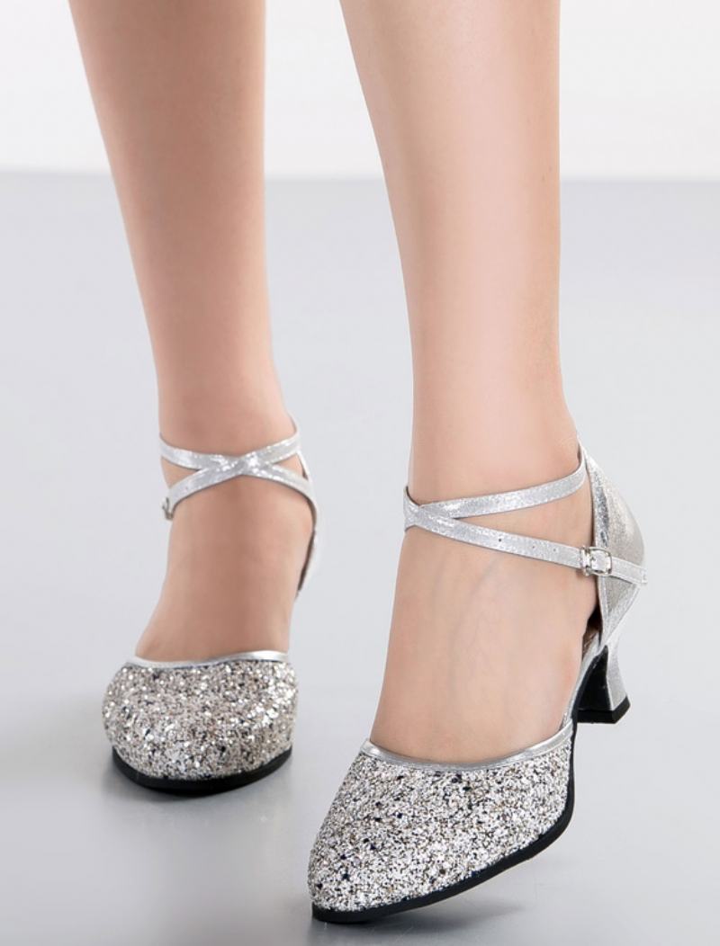 Γυναικεία Ασημένια Παπούτσια Χορού Glitter Round Toe Criss Cross Latin Για Χορό - Ασημί