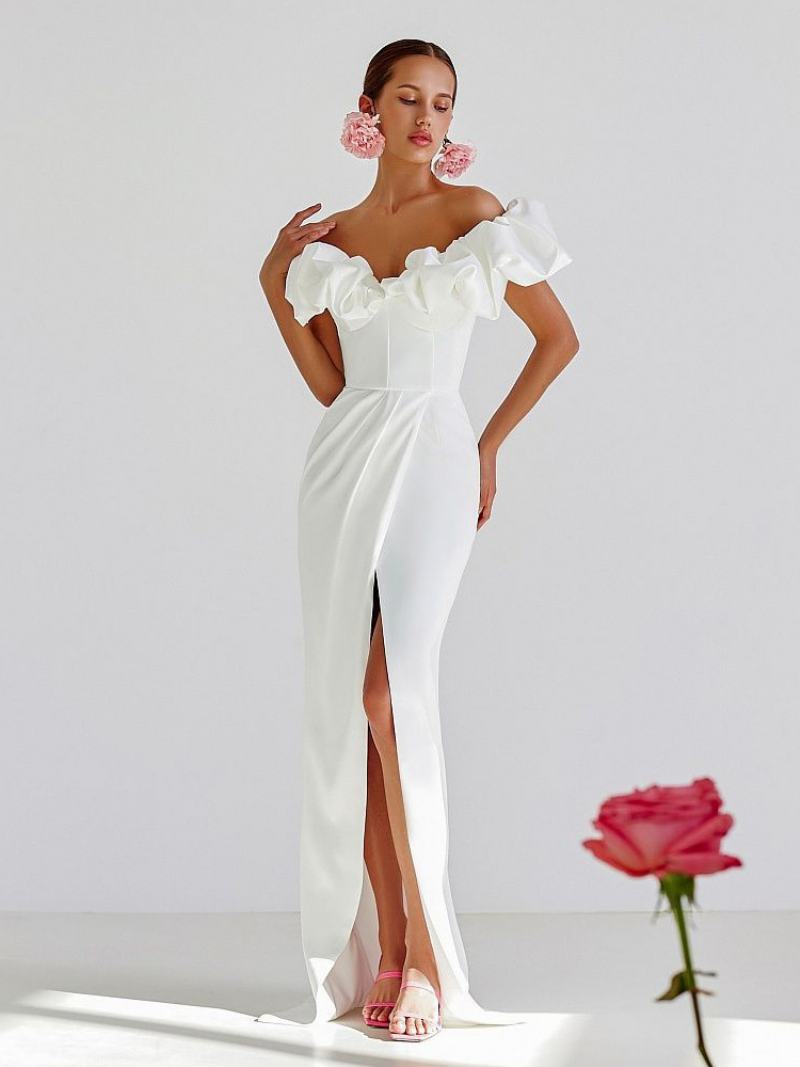 Γυναικεία Βολάν Prom Dresss Off The Shoulder High Slit Πλισέ Φορέματα - Λευκό