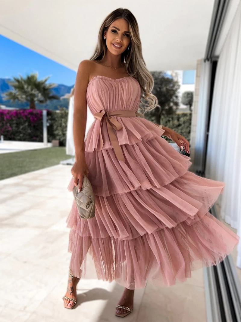 Γυναικεία Βολάν Από Τούλι Dress Off The Shoulder Layered Party Maxi Dressed