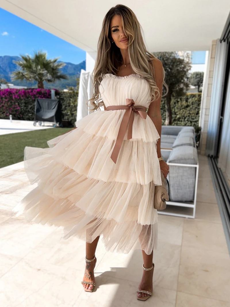 Γυναικεία Βολάν Από Τούλι Dress Off The Shoulder Layered Party Maxi Dressed - Ανοιχτό Κίτρινο