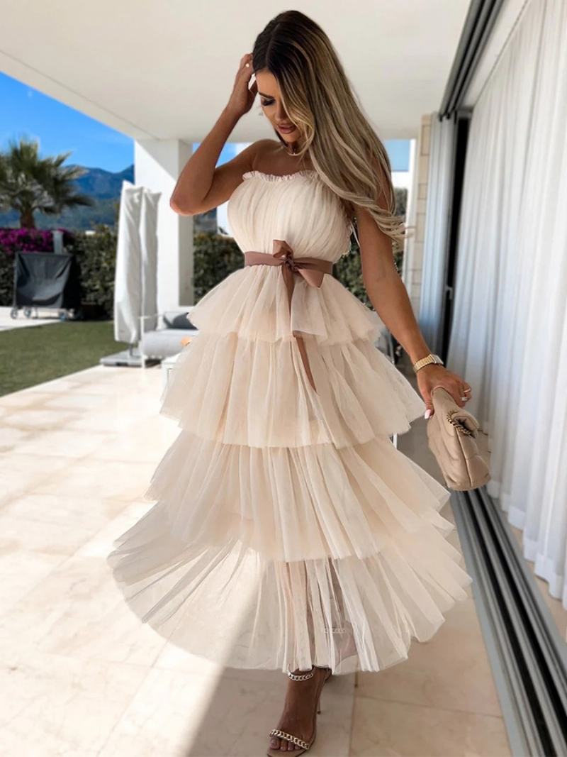 Γυναικεία Βολάν Από Τούλι Dress Off The Shoulder Layered Party Maxi Dressed - Ανοιχτό Κίτρινο