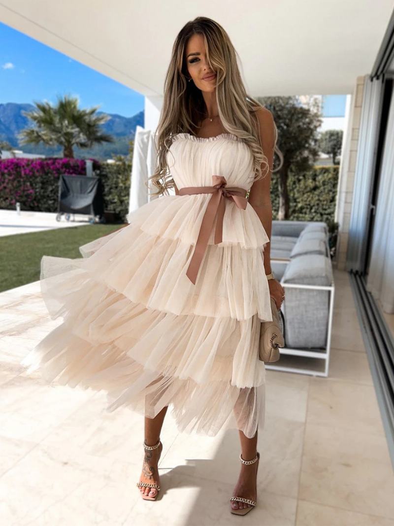 Γυναικεία Βολάν Από Τούλι Dress Off The Shoulder Layered Party Maxi Dressed - Ανοιχτό Κίτρινο