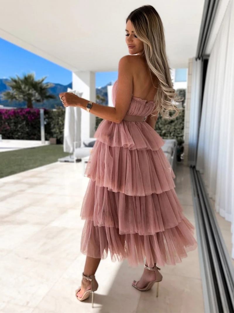 Γυναικεία Βολάν Από Τούλι Dress Off The Shoulder Layered Party Maxi Dressed - Ροζ