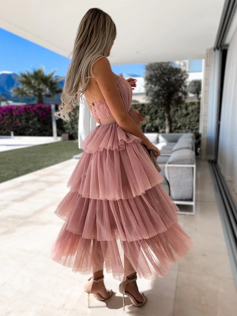 Γυναικεία Βολάν Από Τούλι Dress Off The Shoulder Layered Party Maxi Dressed - Ροζ