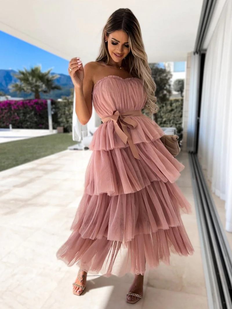 Γυναικεία Βολάν Από Τούλι Dress Off The Shoulder Layered Party Maxi Dressed - Ροζ