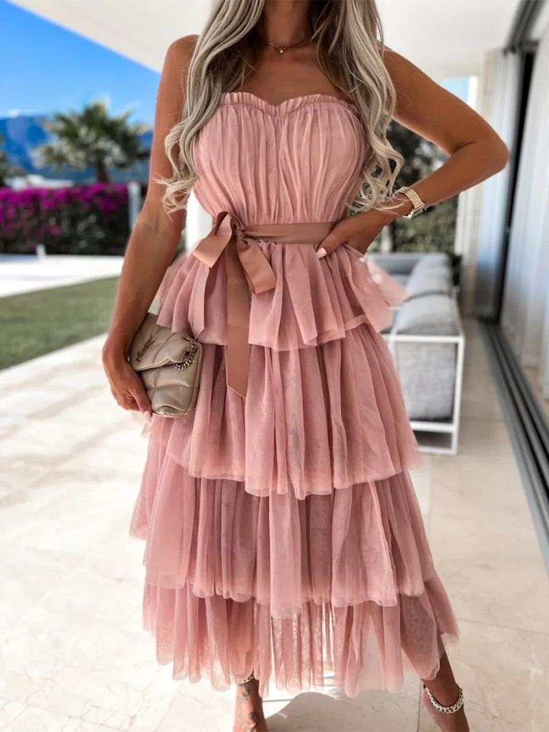 Γυναικεία Βολάν Από Τούλι Dress Off The Shoulder Layered Party Maxi Dressed - Ροζ