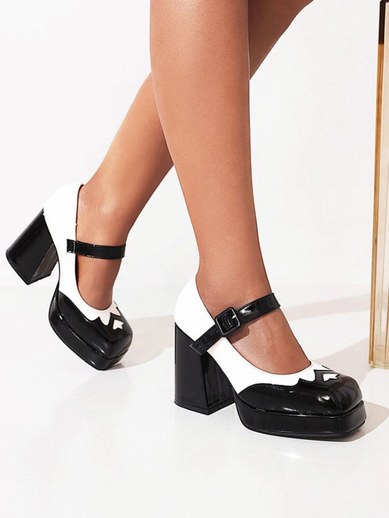 Γυναικεία Δίχρωμη Πλατφόρμα Mary Jane Chunky Heel Pumps - Μαύρο