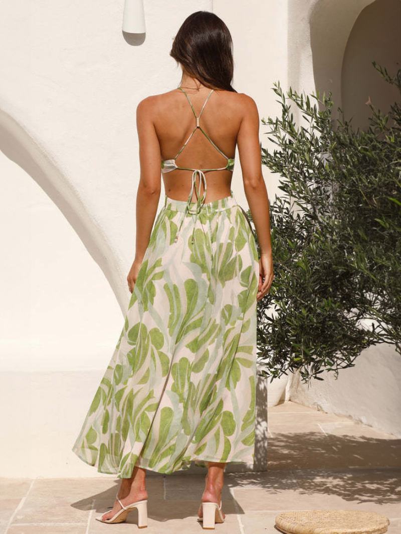 Γυναικεία Εμπριμέ Φόρεμα Halter Cutout Open Back Summer Resort Casual Midi Φορέματα - Ανοιχτό Πράσινο