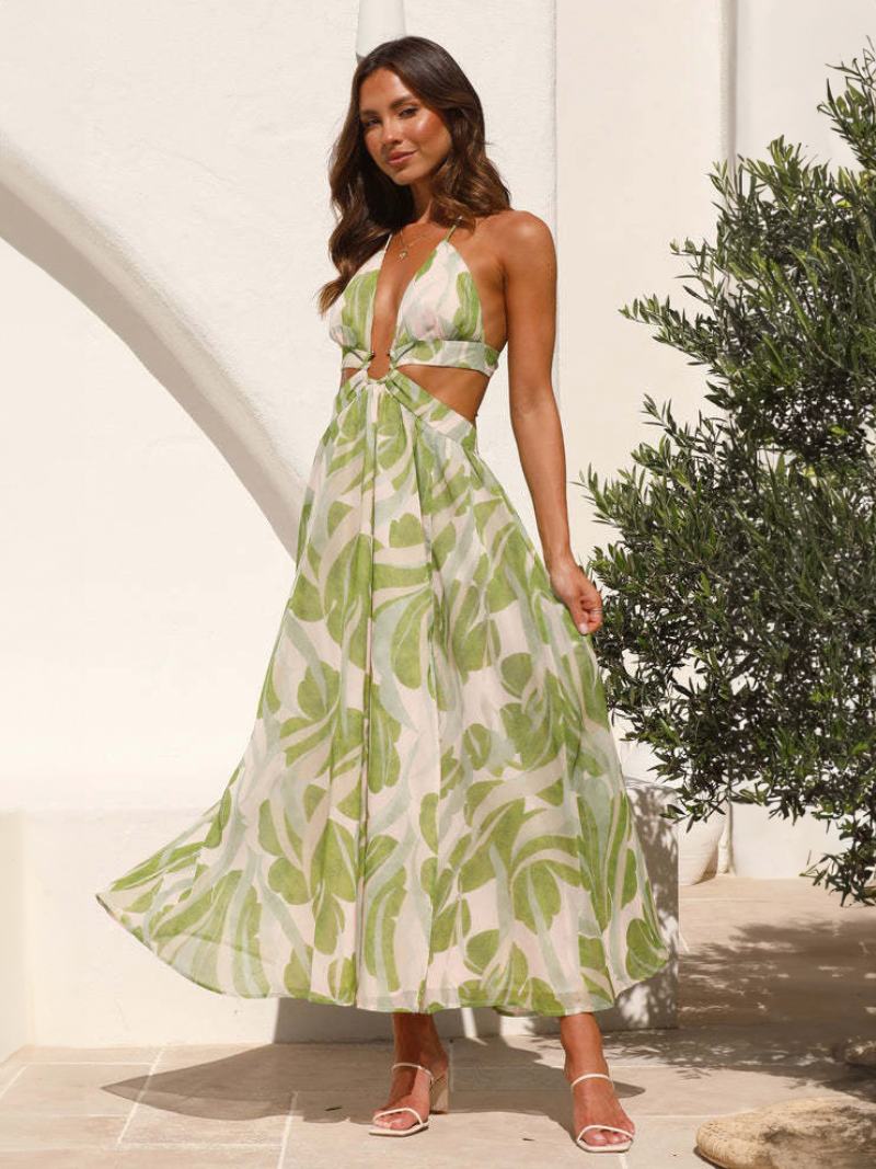 Γυναικεία Εμπριμέ Φόρεμα Halter Cutout Open Back Summer Resort Casual Midi Φορέματα - Ανοιχτό Πράσινο