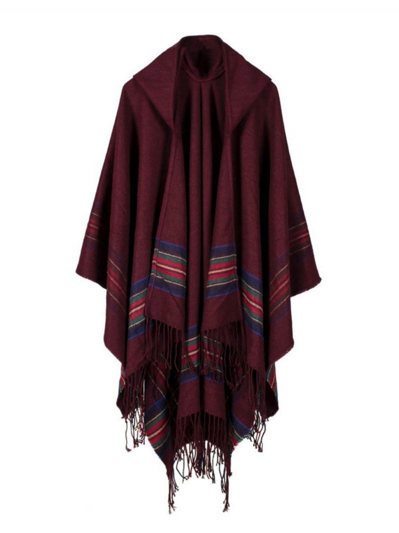 Γυναικεία Κάπα Poncho Cardigan Με Σάλι Bohemian Hooded Fringe - Βουργουνδία