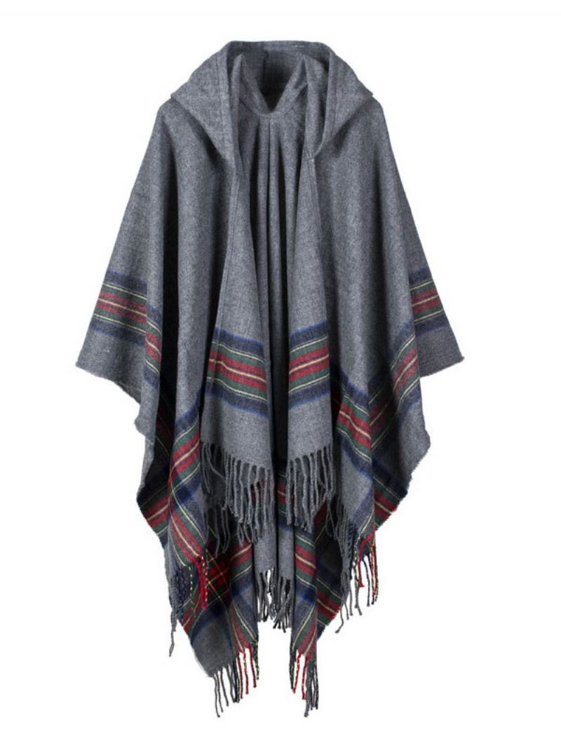 Γυναικεία Κάπα Poncho Cardigan Με Σάλι Bohemian Hooded Fringe - Γκρι