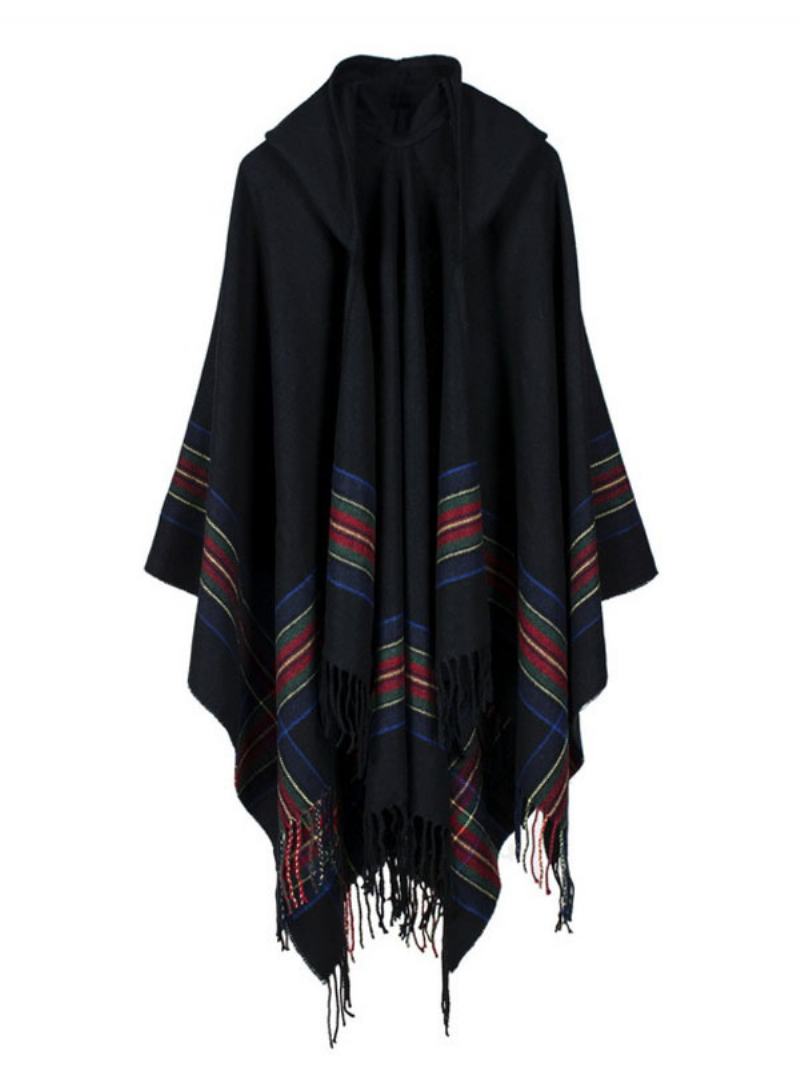 Γυναικεία Κάπα Poncho Cardigan Με Σάλι Bohemian Hooded Fringe - Μαύρο