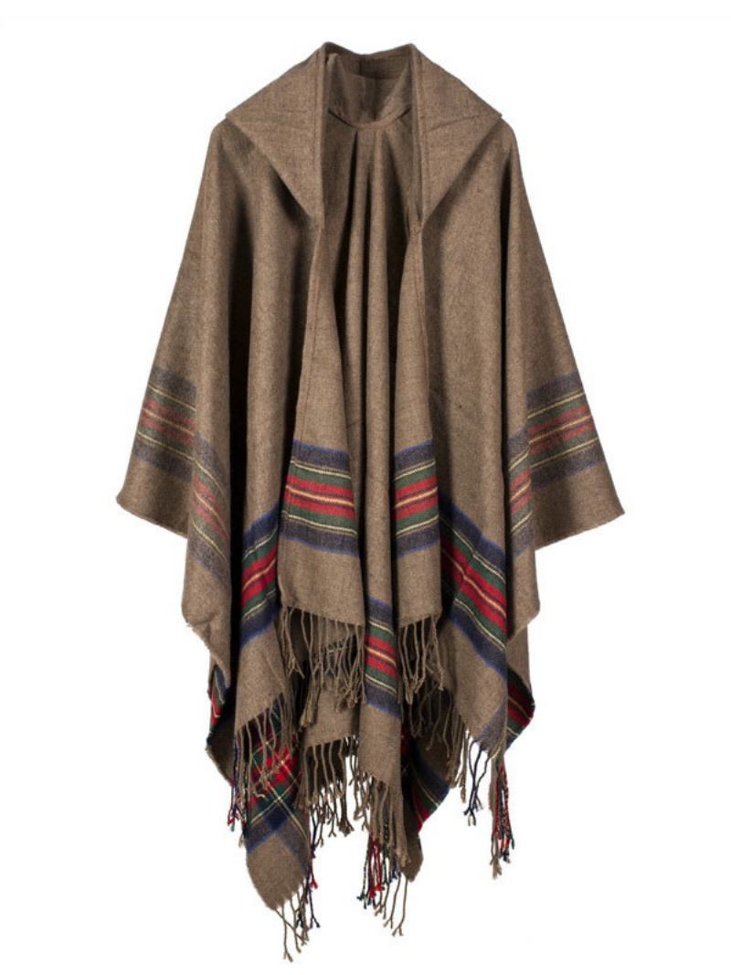 Γυναικεία Κάπα Poncho Cardigan Με Σάλι Bohemian Hooded Fringe - Χακί