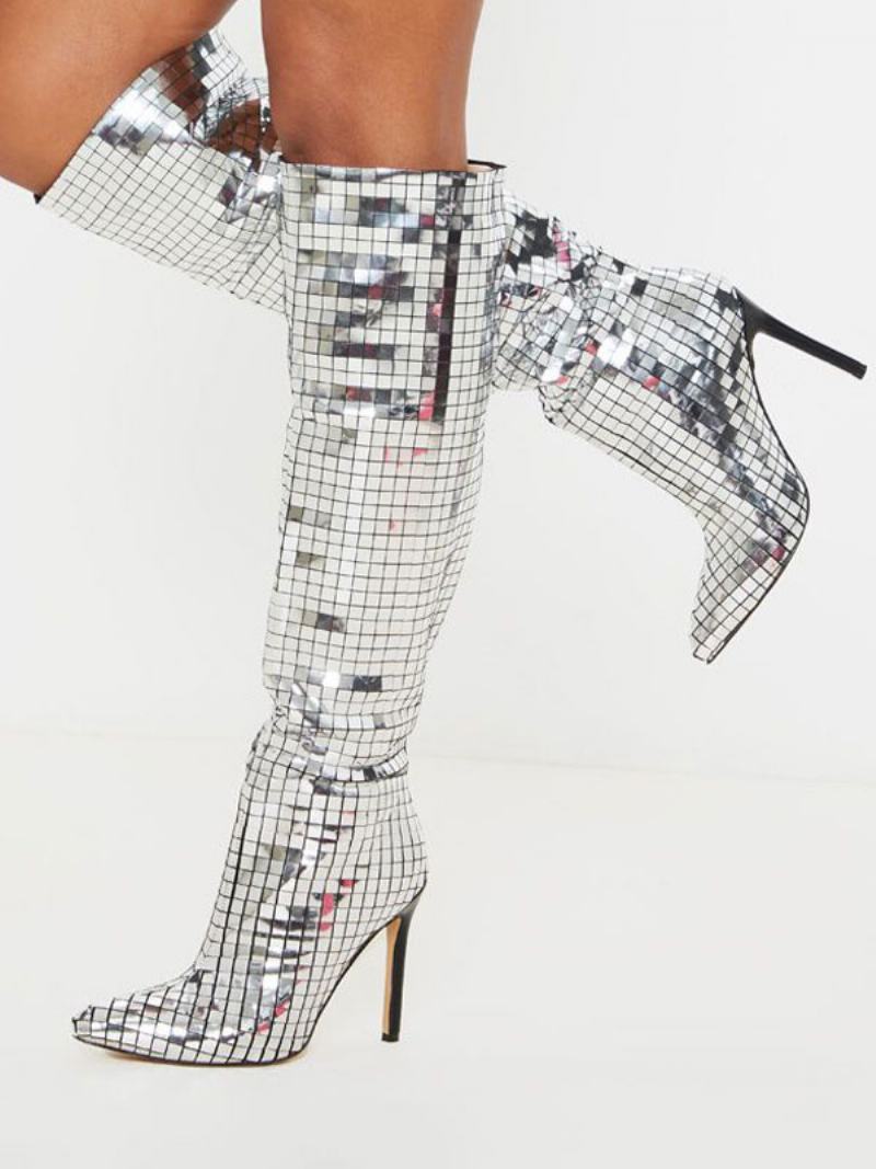 Γυναικεία Καθρέφτης Disco Ball Knee High Bright Δερμάτινα Μποτάκια Prom Party Με Τακούνι