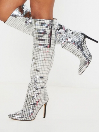 Γυναικεία Καθρέφτης Disco Ball Knee High Bright Δερμάτινα Μποτάκια Prom Party Με Τακούνι