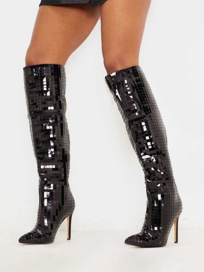 Γυναικεία Καθρέφτης Disco Ball Knee High Bright Δερμάτινα Μποτάκια Prom Party Με Τακούνι - Μαύρο