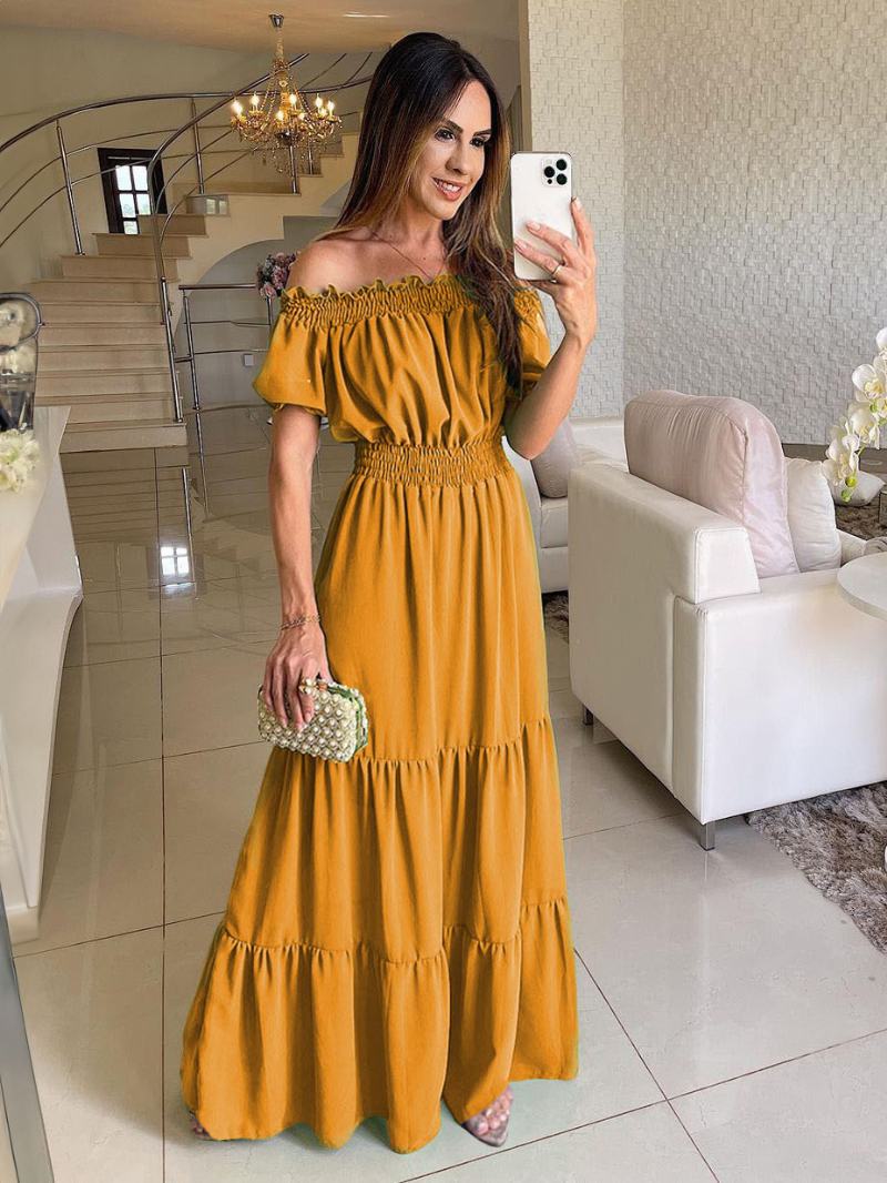 Γυναικεία Καλοκαιρινά Μάξι Φορέματα Boho Dress Off The Shoulder Με Πλισέ Κλιμάκωση - Κίτρινο