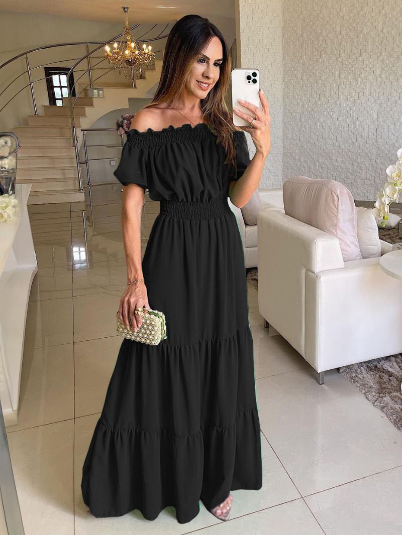 Γυναικεία Καλοκαιρινά Μάξι Φορέματα Boho Dress Off The Shoulder Με Πλισέ Κλιμάκωση - Μαύρο