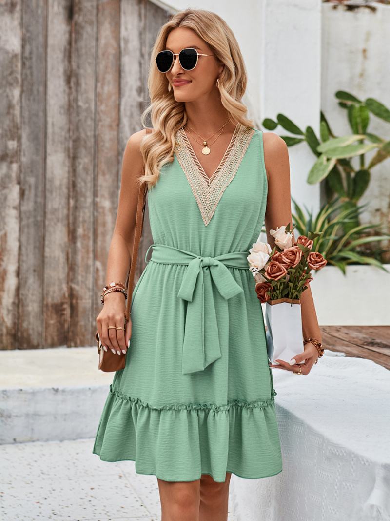 Γυναικεία Καλοκαιρινά Φορέματα Παραλίας Casual Sundress Με V Λαιμόκοψη Κούφιο Βολάν Ζώνη - Ανοιχτό Πράσινο