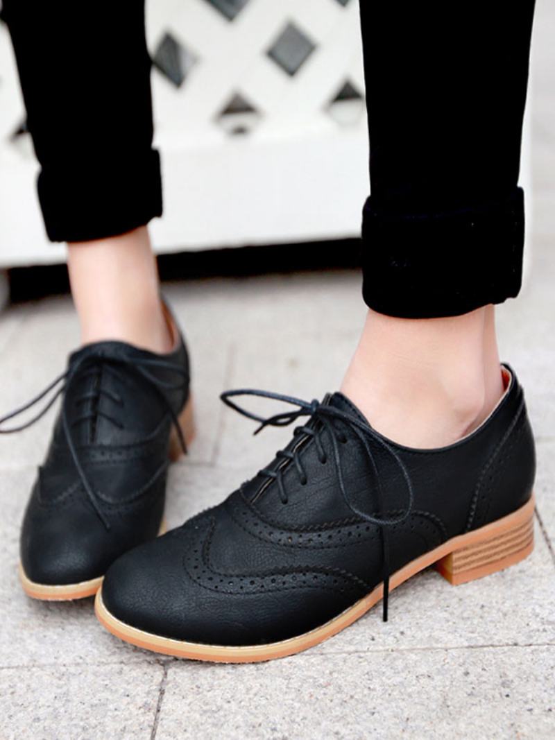 Γυναικεία Καφέ Lace Up Wingtip Brogues Casual Oxfords - Μαύρο