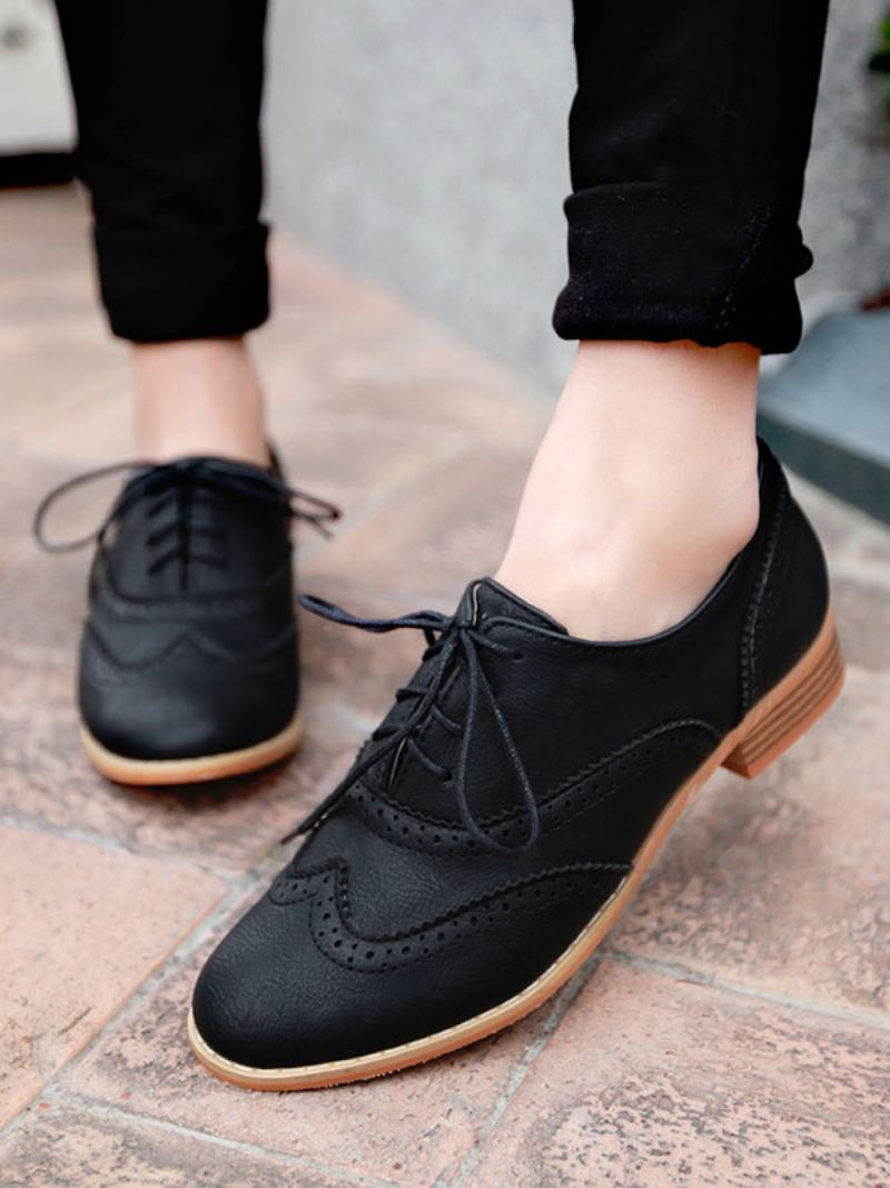 Γυναικεία Καφέ Lace Up Wingtip Brogues Casual Oxfords - Μαύρο